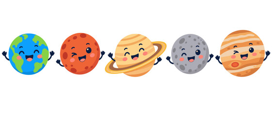 Cute planet and moon characters with raised arms © Andrei