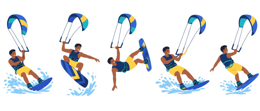 Kiteboarder jumping over water in a set of action poses