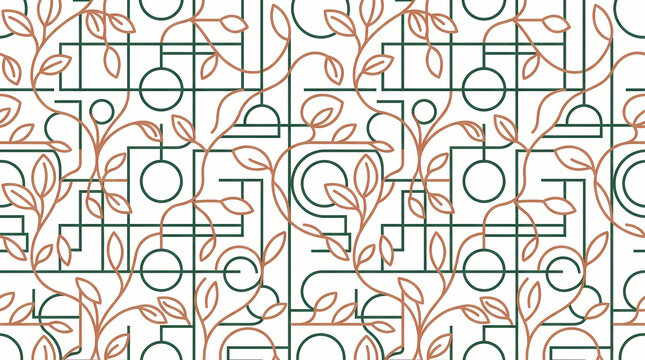 Seamless pattern with geometric lines and organic plant motifs in minimalist style.