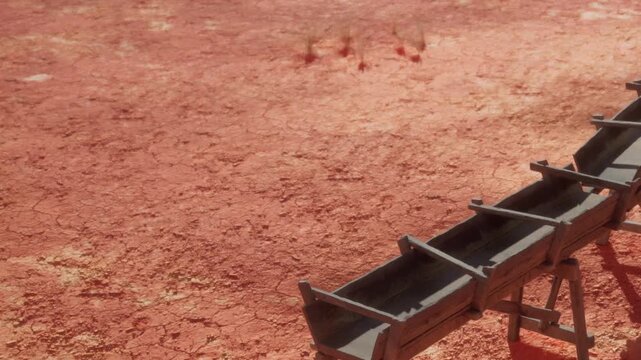 A wooden cart rests on cracked ochre soil under a vibrant sky. Small creatures scurry in the distance as the sun sets, painting the landscape in warm hues of orange and red.