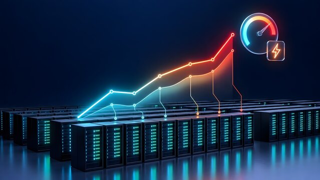 Glowing digital trend graph and power gauge overlay on modern data center server racks highlighting cloud computing energy consumption and capacity analytics