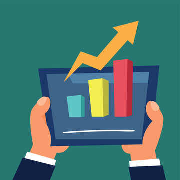 Business Growth and Analytics Vector Illustration - Businessman Hands Holding Tablet with Rising Bar Chart and Upward Arrow Concept on Green Background