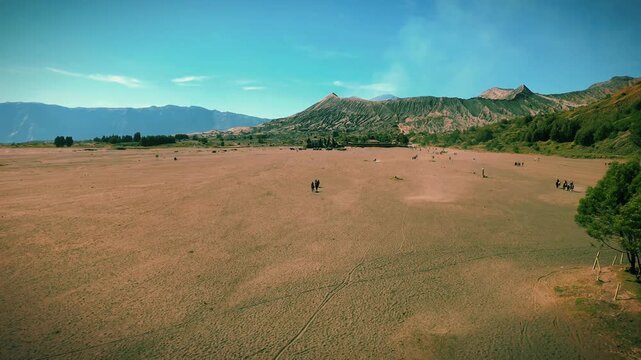 Aerial View of Mount Bromo and Sea of Sand in East Java, Indonesia