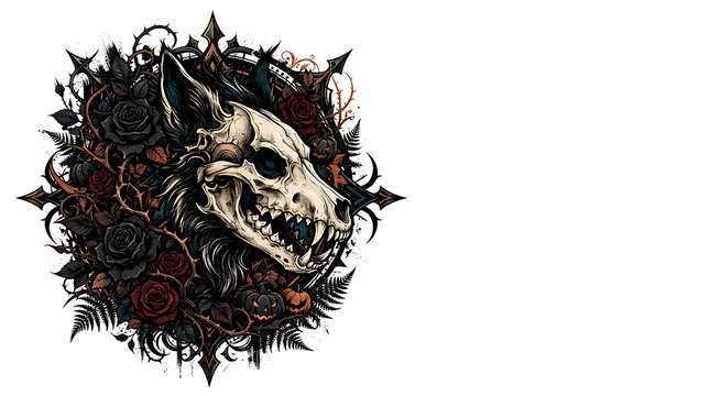 Gothic Wolf Skull Surrounded by Dark Floral Wreaths and Ornamental Spiky Circular Frame Design