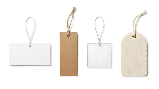 Assorted blank price tags and gift labels with hanging strings