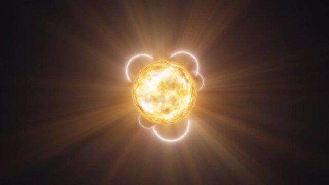 Solar Flare Orb with Coronal Loops Seamless Loop. Glowing Sun Sphere with Energy Coronal Loops and Light Rays