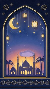 Ramadan Kareem paper cut lightbox with golden crescent moon, hanging lanterns and mosque silhouette in an arch at dusk, vertical video seamless loop