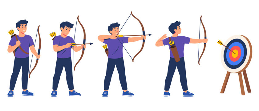 Archer demonstrating a bow and arrow shooting sequence