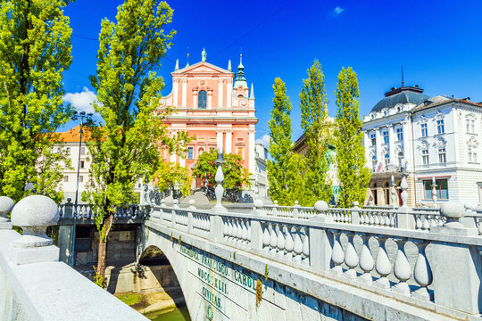 Presern square, bridges and Franciscan church in Ljubljana, capital of Slovenia