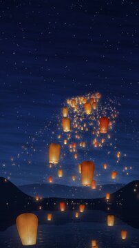Glowing paper sky lanterns rising over a night lake into the starry sky, golden lights reflected in the water, vertical video seamless loop