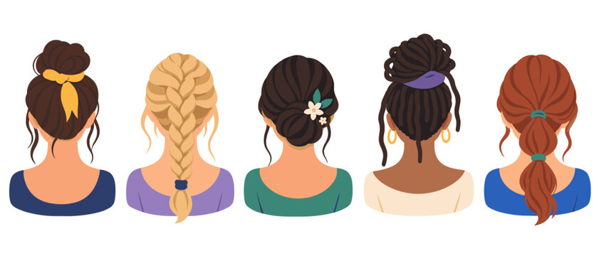 Women viewed from behind with five distinct hairstyles