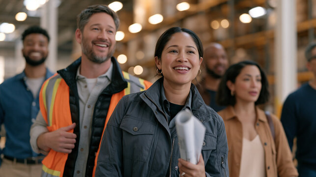 A diverse warehouse team steps back together to assess a full inventory rearrangement in warm indoor lighting, a rolled up logistics blueprint tucked under a supervisor's arm, the