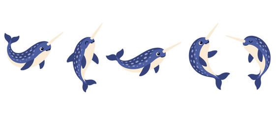 Playful narwhal set with spotted bodies and spiral tusks © Andrei
