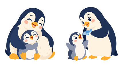 Fototapeta premium Cute penguin parents caring for chicks and an egg
