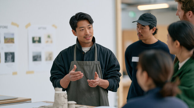 Charcoal burner translating sustainable protein farming instructions to a gathered team around a physical clay prototype model of an insect cultivation unit, minimalist studio,