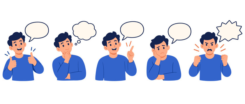 Cartoon men showing different emotions with speech and thought bubbles