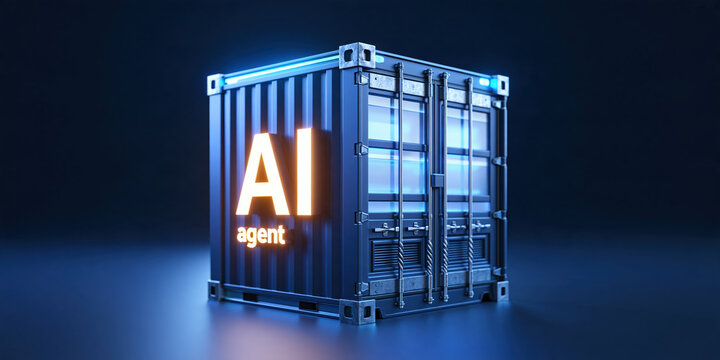 AI agent shipping container glowing in dark studio scene