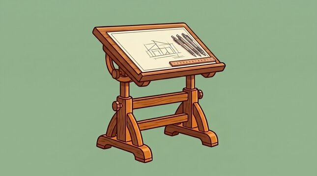 Wooden Adjustable Architectural Drafting Table with Large Drawing Sheet, Three Mechanical Pencils and Ruler
