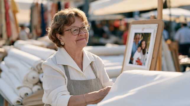 A sailmaker in a vibrant outdoor fabric market restocks bolt after bolt of canvas for tomorrow, a family photo pinned to the cutting board frame, her expression carrying the