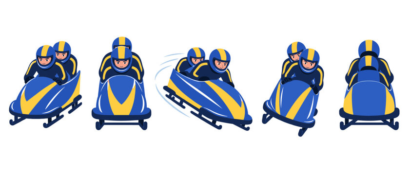Bobsled team in blue and yellow sled from multiple angles