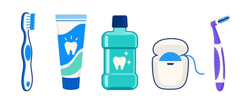 Dental care set with toothbrushes toothpaste mouthwash and floss