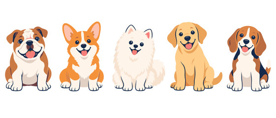 Obraz premium Cartoon puppies of different breeds sitting in a row