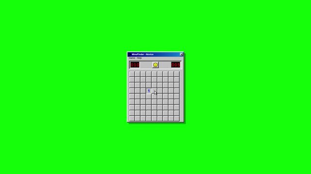 Minesweeper Like Game Being Played on a Retro Computer Interface Displaying a Game over Scenario with a Red Mine Explosion on a Green Screen Background