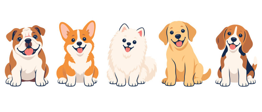 Cartoon puppies of different breeds sitting in a row