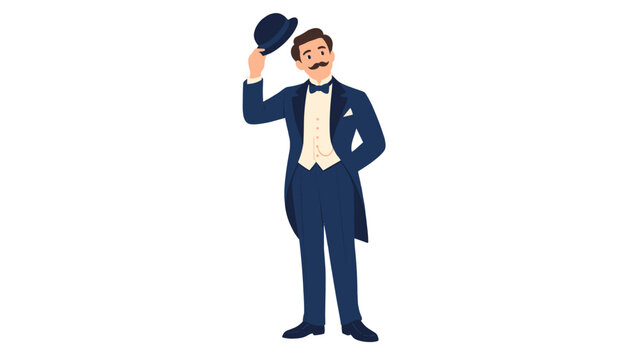 Mustached gentleman tipping his hat in formal attire