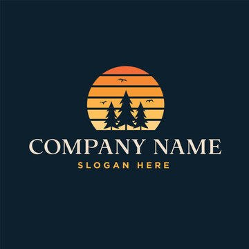 Vintage retro sunset stripe outdoor camping landscape logo template with pine trees and birds vector illustration
