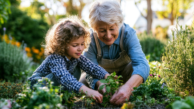 happy grandmother gardening together with her young granddaughter in a sunny backyard