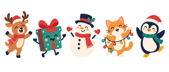 Obraz premium Cute Christmas character set with a reindeer and gift box