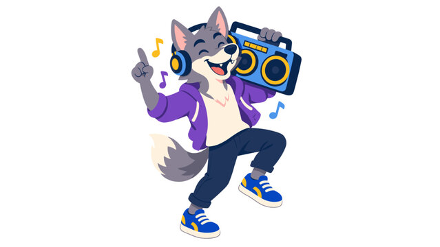 Dancing cartoon wolf wearing headphones and carrying a boombox