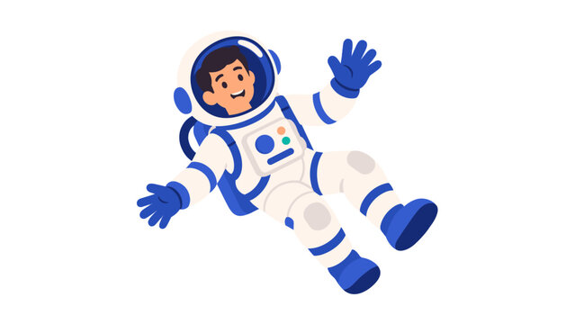 Smiling astronaut floating and waving in a spacesuit