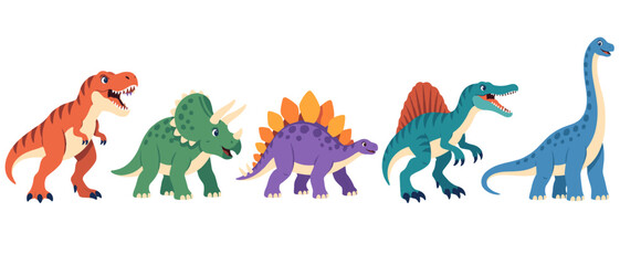 Colorful cartoon dinosaurs standing in a row © Andrei