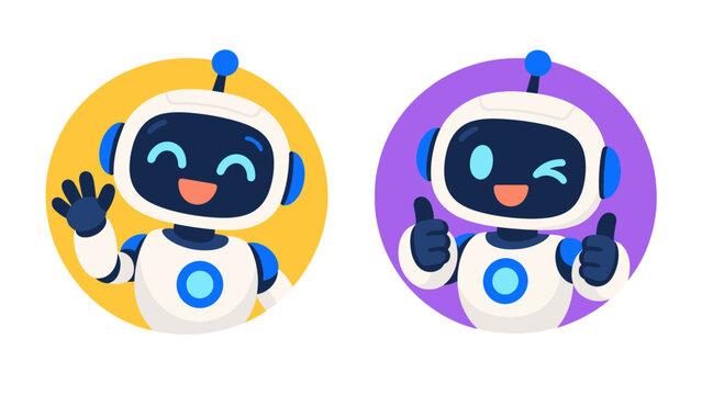 Friendly robot mascots waving and giving thumbs up