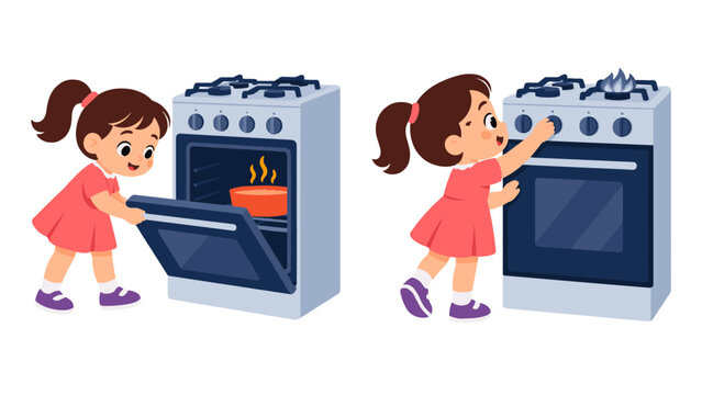 Young girl opening an oven and reaching toward a lit stove