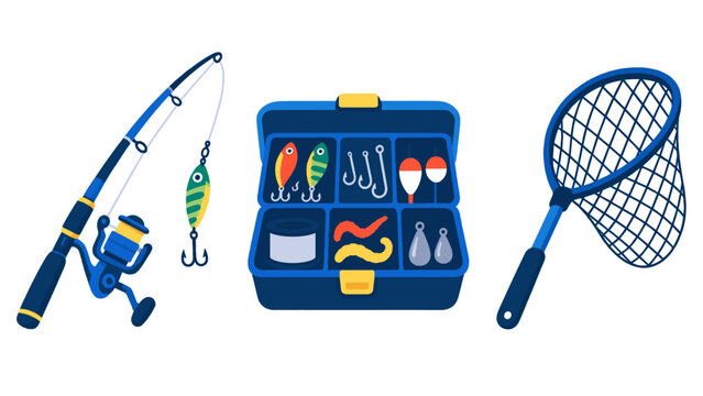 Fishing rod with tackle box and landing net