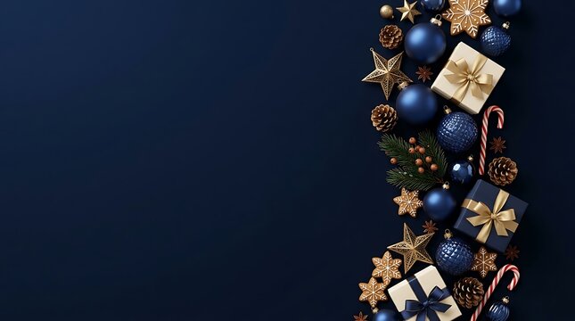 A festive christmas corner frame with ornaments gifts and a dark blue background