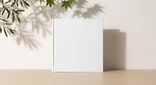 Minimalist photorealistic front-view mockup of a blank square hardcover book standing upright on a clean surface.