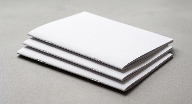 Three empty matte booklets stacked diagonally on a gray surface with soft shadows.