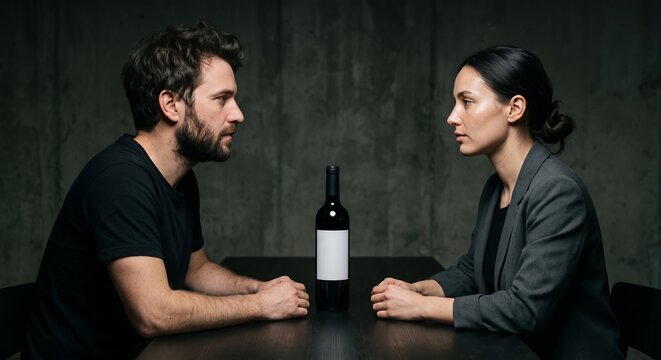 Moody cinematic portrait of a young man and woman gazing at each other across a dark table with a wine bottle.