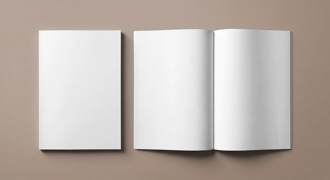 Clean mockup featuring a closed front cover and an open page spread of A4 magazines lying flat on a warm taupe surface with soft natural shadows.