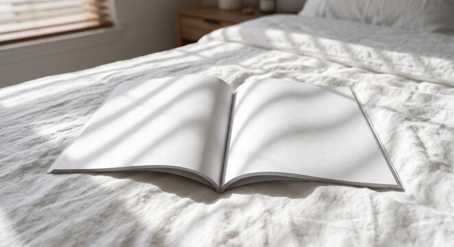 A photorealistic open magazine mockup with blank pages on white linen, bathed in soft sunlight and window blind shadows.