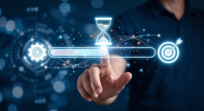 A person's hand touches a glowing holographic progress bar with gear, hourglass, and target icons against a dark blue background.
