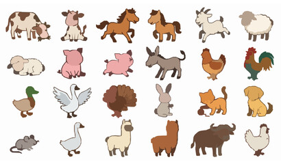 Obraz premium Playful Farm Animal Characters Cute Cartoon Village Animals Kids Vector Set