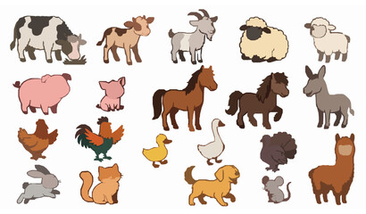 Obraz premium Cute Farm Pets and Livestock Cartoon Animal Characters Vector Collection