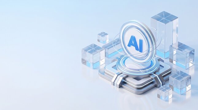 Futuristic AI emblem on layered pedestal with ample copy space on bright blue background.