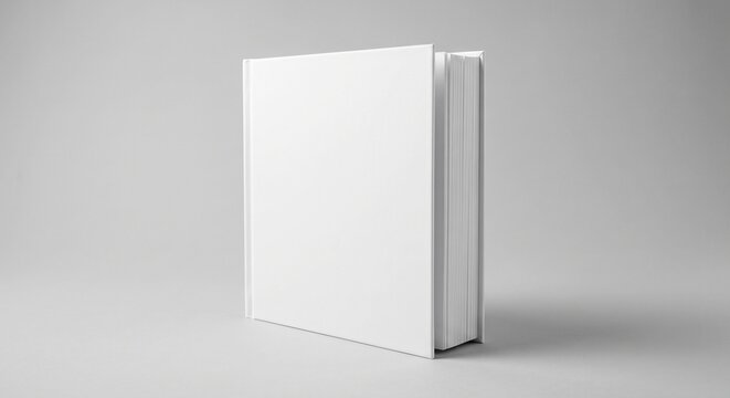Blank white matte hardcover book standing upright on a neutral grey background at a three-quarter angle.