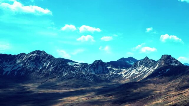 Stunning peaks rise majestically, adorned with patches of snow, under a vibrant blue sky filled with fluffy clouds. The vast landscape below showcases earthy tones and rocky terrains.